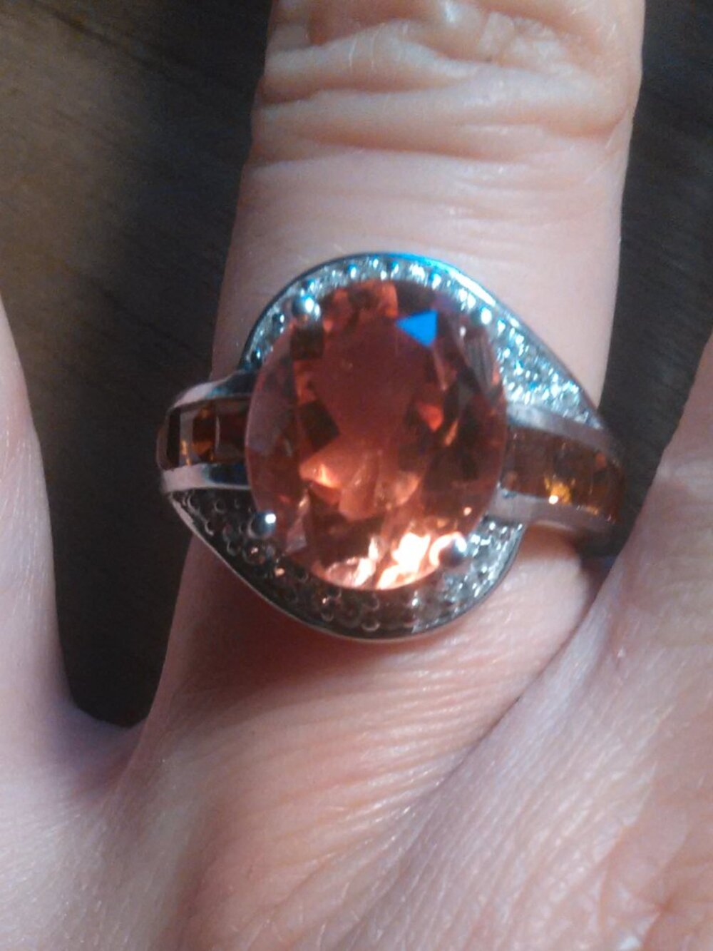 Orange Triplet Quartz, Citrine and White Zircon Sterling Silver Ring (Size 6)